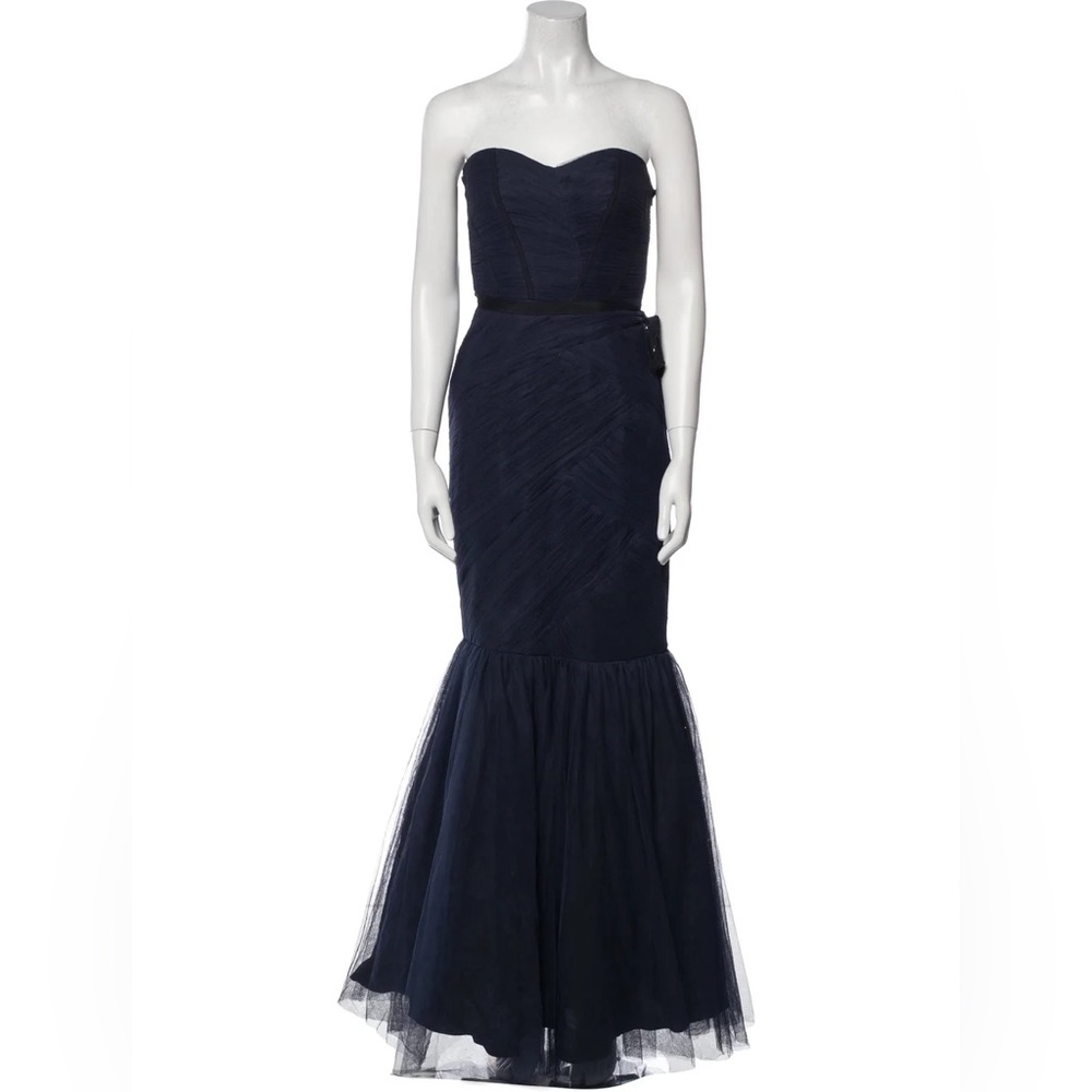 MONIQUE LHUILLIER Bridesmaid Black Tulle Mermaid Tulip Strapless Sweetheart Prom
